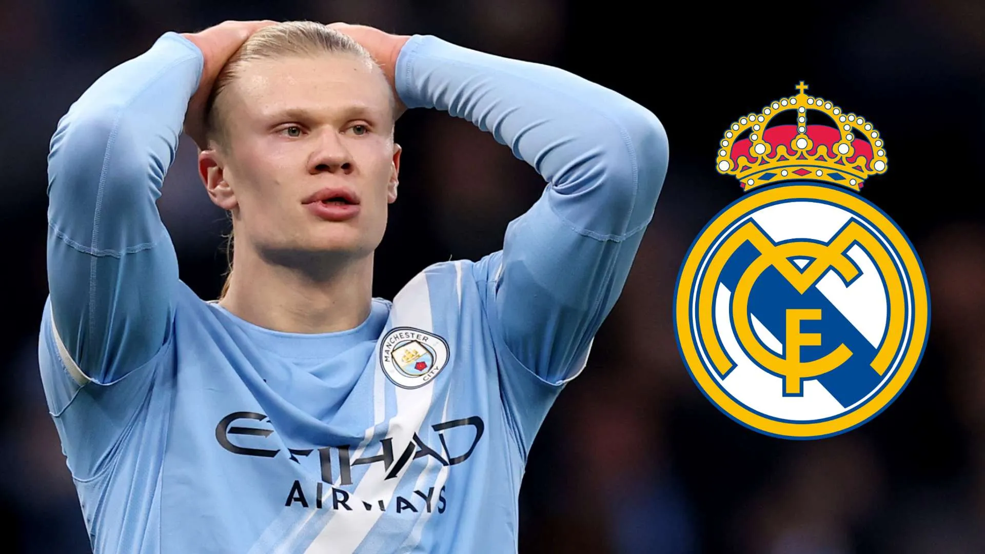 إرلينغ هالاند لاعب مانشستر سيتي يظهر بتعبير قلق مع شعار ريال مدريد، في ظل تكهنات حول مستقبله الكروي.