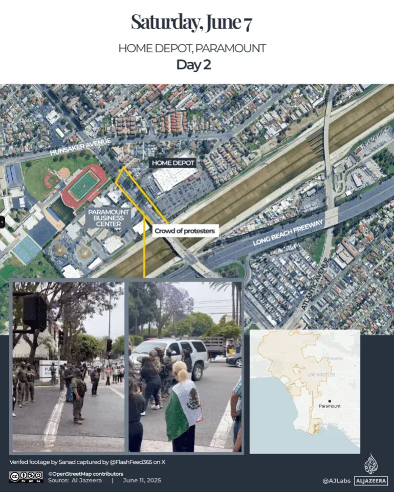 خريطة توضح موقع احتجاجات أمام متجر هوم ديبوت في باراماونت، مع تحديد تجمع المتظاهرين وقوات الأمن في المنطقة.