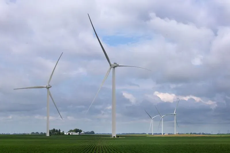 توربينات رياح ضخمة في حقل أخضر تحت سماء ملبدة بالغيوم، تمثل الطاقة المتجددة ودورها في النقاشات السياسية حول الإعفاءات الضريبية.