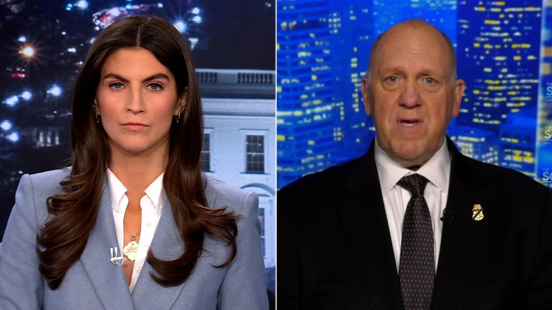 مقابلة تلفزيونية تظهر متحدثين يتناولان جهود إدارة ترامب في إنفاذ قوانين الهجرة، مع التركيز على التحديات والموارد المتاحة.