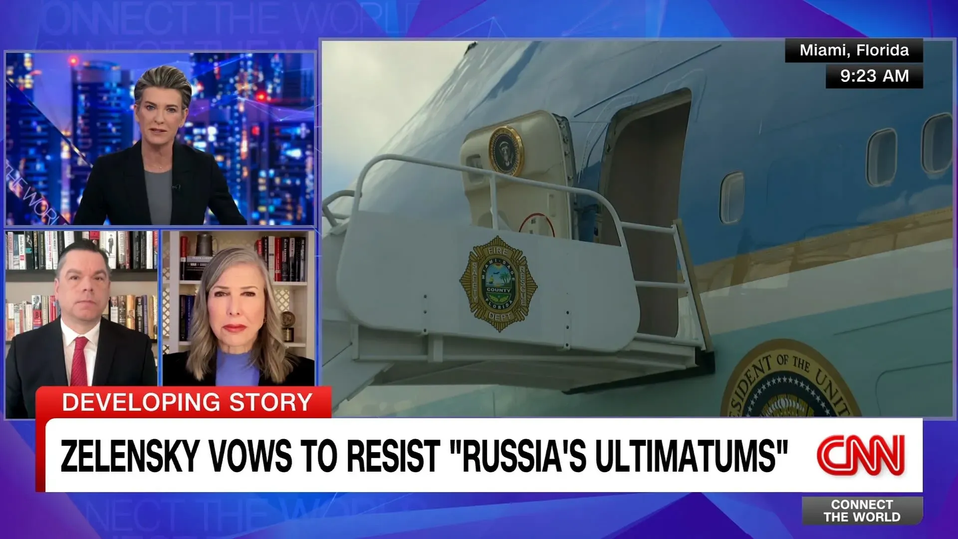 صورة تظهر طائرة الرئيس الأمريكي، مع التركيز على سلم الطائرة ورموز السلطة، تعكس التوترات السياسية الحالية وتأثير ترامب على العلاقات الدولية.