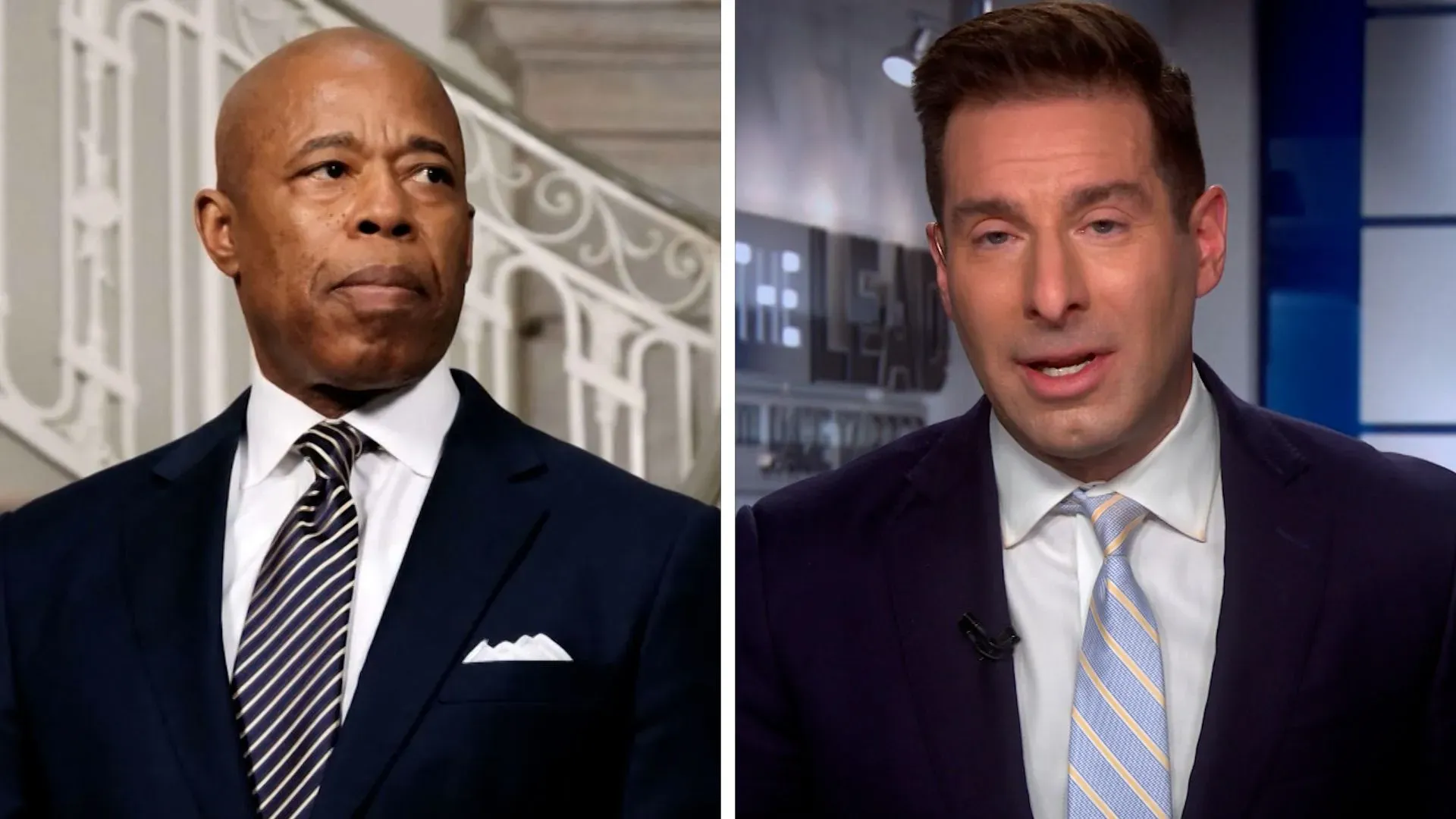 صورة تظهر عمدة مدينة نيويورك إريك آدمز (يسار) وهو ينظر بجدية، بينما يتحدث مذيع أخبار (يمين) عن قضايا الفساد وتأثيرها على الإدارة الحالية.