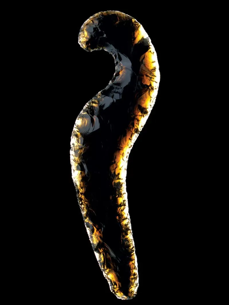 قطعة أثرية مصنوعة من حجر السبج، تتميز بتدرجات لونية ذهبية وسوداء، تمثل جزءًا من التراث الأثري للأزتيك في تينوتشتيتلان.