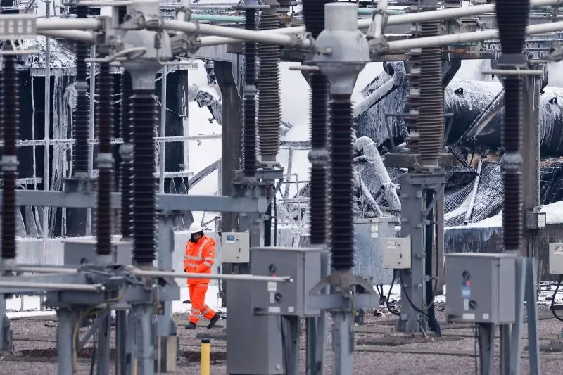 عامل يرتدي زي السلامة البرتقالي يتجول في محطة كهربائية فرعية متضررة بعد حريق، مما أثر على عمليات مطار هيثرو.