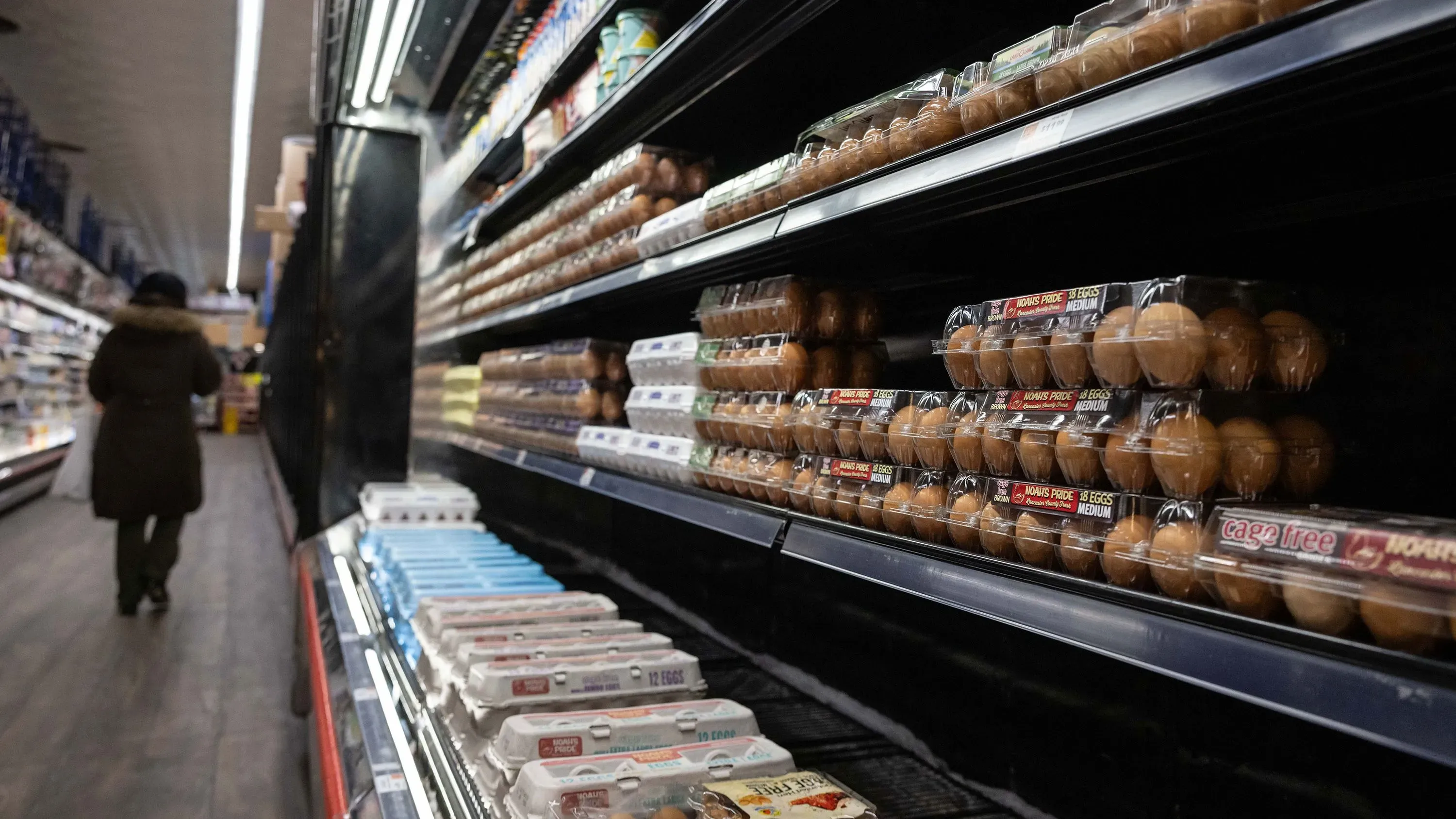 رفوف سوبرماركت تعرض بيضًا في عبوات مختلفة، مع تواجد شخص يتجول في الممر، مما يعكس تأثير التضخم على أسعار المواد الغذائية.