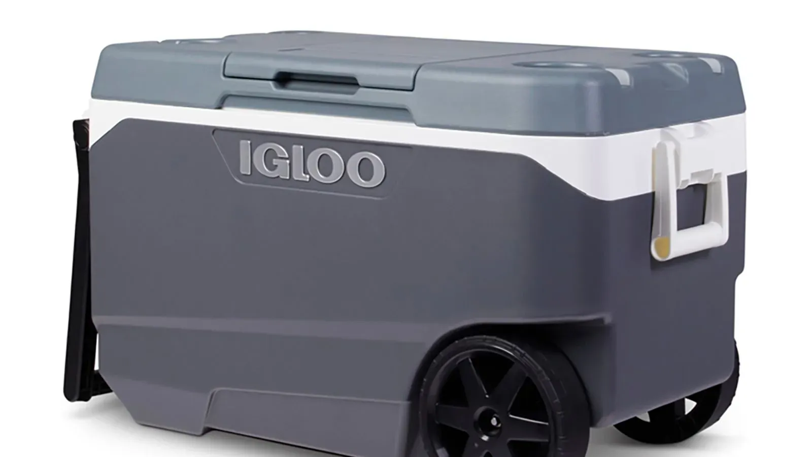 مبرد Igloo 90 Qt. ذو العجلات، بلون رمادي مع مقبض سحب، تم استدعاؤه بسبب مخاطر إصابة الأصابع.