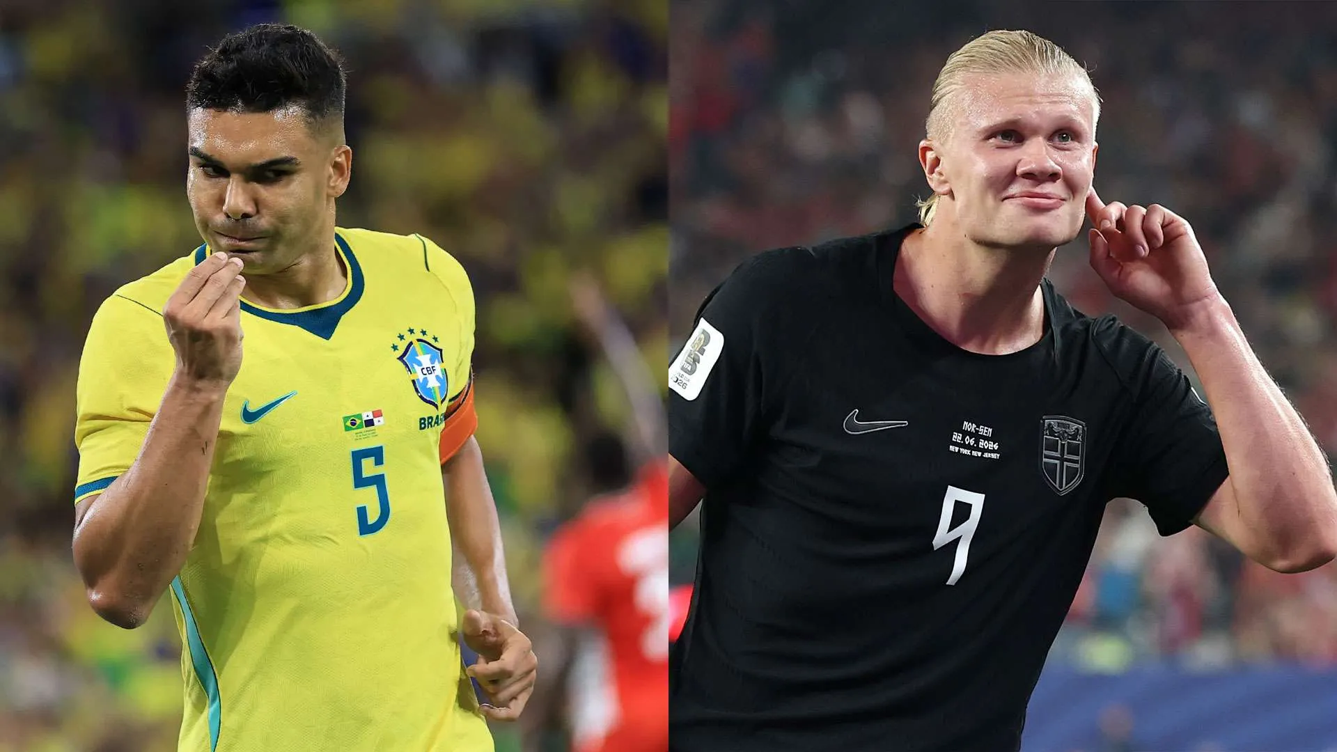 لاعبو منتخب البرازيل والنرويج يحتفلان بأهدافهما في مباراة حاسمة ضمن كأس العالم، مع التركيز على التوتر والتوقعات العالية.