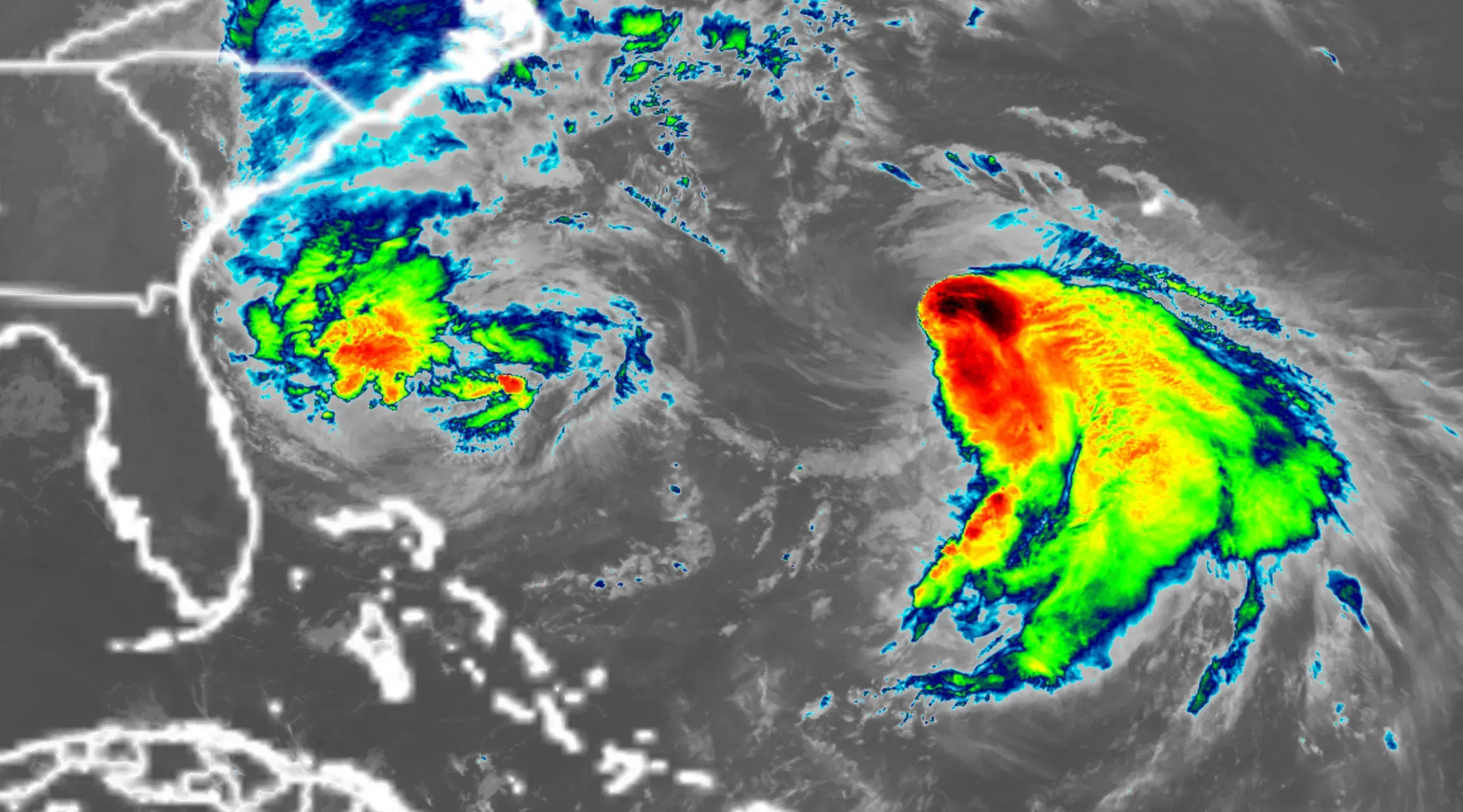 تظهر الصورة العاصفة الاستوائية إيميلدا شمال جزر البهاما، مع رياح قوية وأمواج عاتية، مما يسبب فيضانات ساحلية خطيرة.