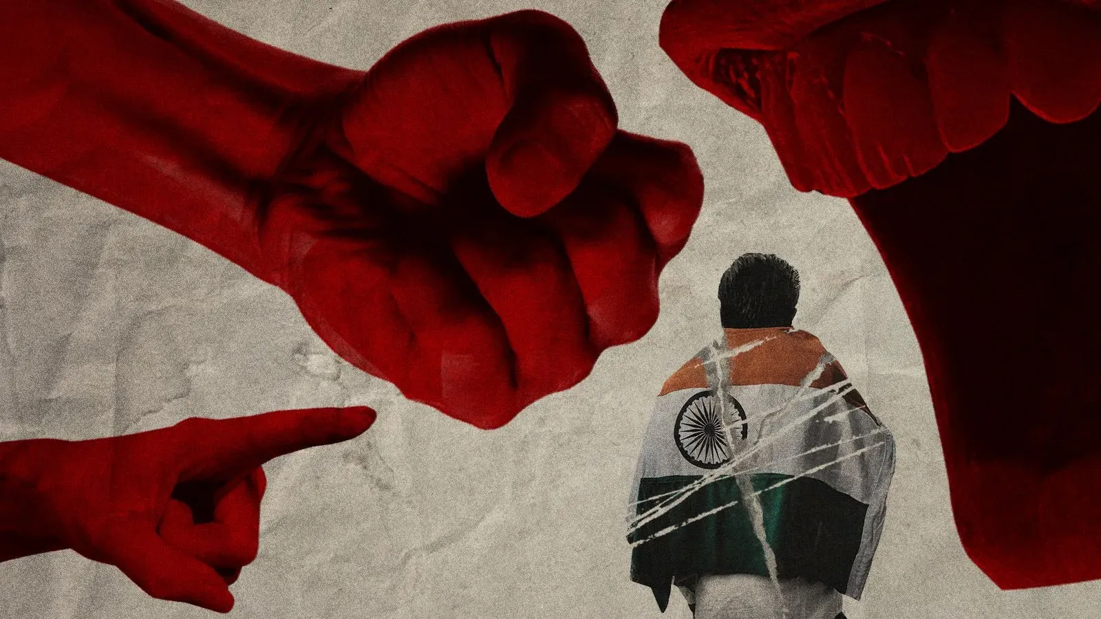 صورة تعبر عن التوترات العنصرية، حيث يظهر شخص يرتدي علم الهند محاطًا بأيدٍ حمراء تمثل العدوانية والرفض.