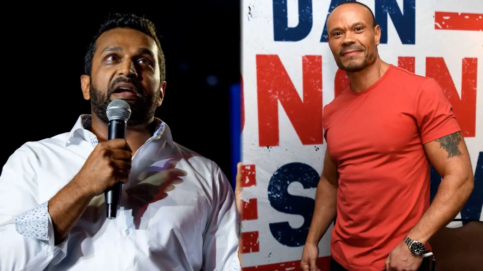 مؤتمر صحفي يظهر كاش باتل يتحدث إلى الجمهور، بينما يقف دان بونغينو بجانبه، مع خلفية تحمل شعارات سياسية.