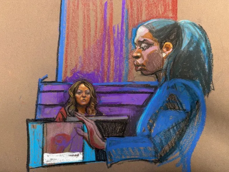 امرأة تجلس في قاعة المحكمة، تعرض صورة أثناء شهادة، بينما تظهر امرأة أخرى في الخلفية. تتعلق القضية بشون 'ديدي' كومبس.