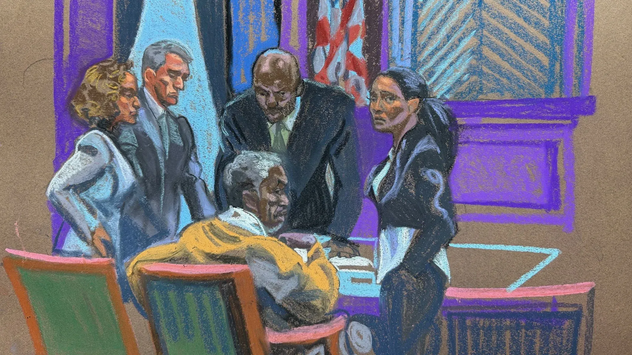 تسعة محامين، خمسة رجال وأربع نساء، يناقشون القضايا في قاعة المحكمة خلال محاكمة شون "ديدي" كومبس، مع التركيز على استجواب الشهود.