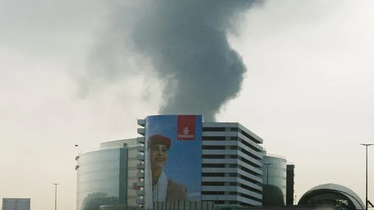 تصاعد الدخان من موقع حادث طائرة مسيرة بالقرب من مطار دبي، مع وجود لافتة لشركة طيران الإمارات في المقدمة.