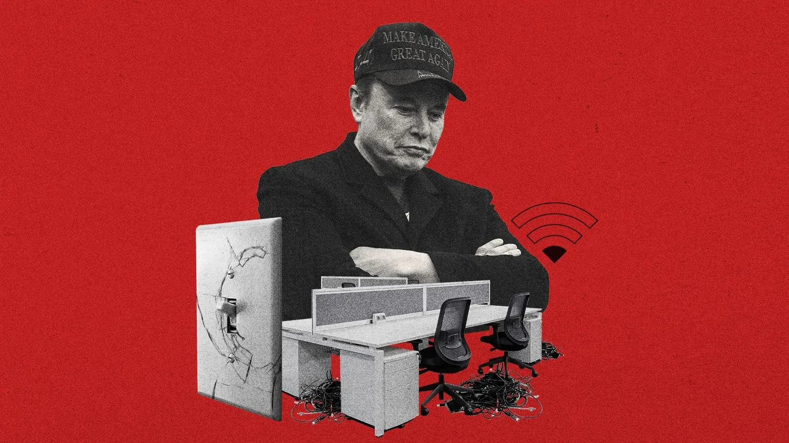 صورة تعبر عن العودة إلى المكاتب، مع تداخل صورة إيلون ماسك، ومكاتب فارغة وأسلاك غير مرتبة، في خلفية حمراء.