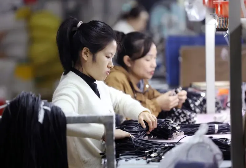 عاملتان في مصنع تقومان بتجميع كابلات الشحن، مما يعكس تأثير التعريفات الجمركية على صناعة الإلكترونيات.