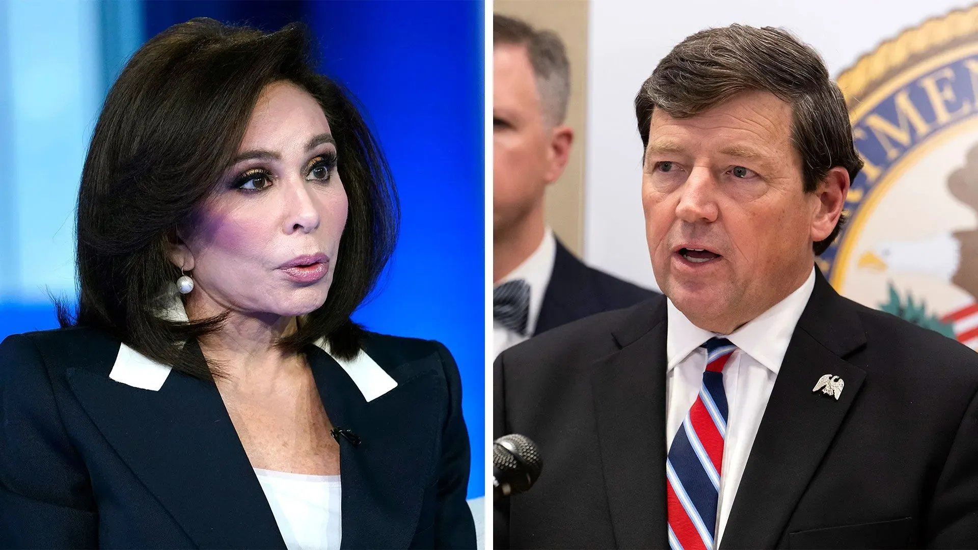 جينين بيرو، المدعية العامة الأمريكية المؤقتة، تتحدث في مؤتمر صحفي، بينما يظهر إد مارتن، سلفها، خلفها.