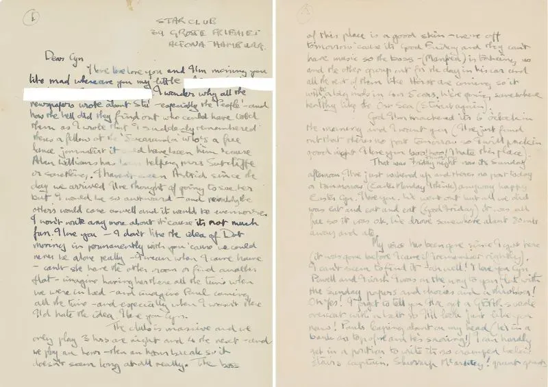 رسالة جون لينون الغرامية لسينثيا باول، مكتوبة بخط اليد، تعرض مشاعره العميقة وتفاصيل عن حياته مع البيتلز في هامبورغ.