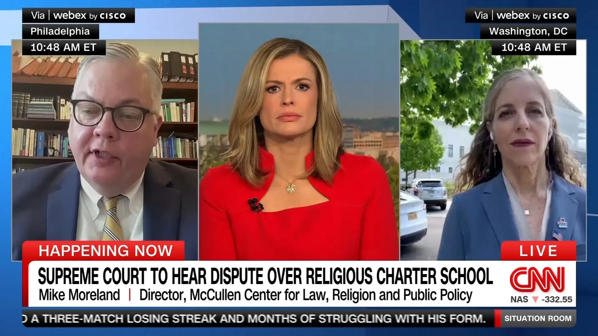 مناقشة حية حول قضايا المدارس الدينية في المحكمة العليا، مع ظهور ثلاثة متحدثين، بينهم رجل وامرأتان، في استوديوهات مختلفة.