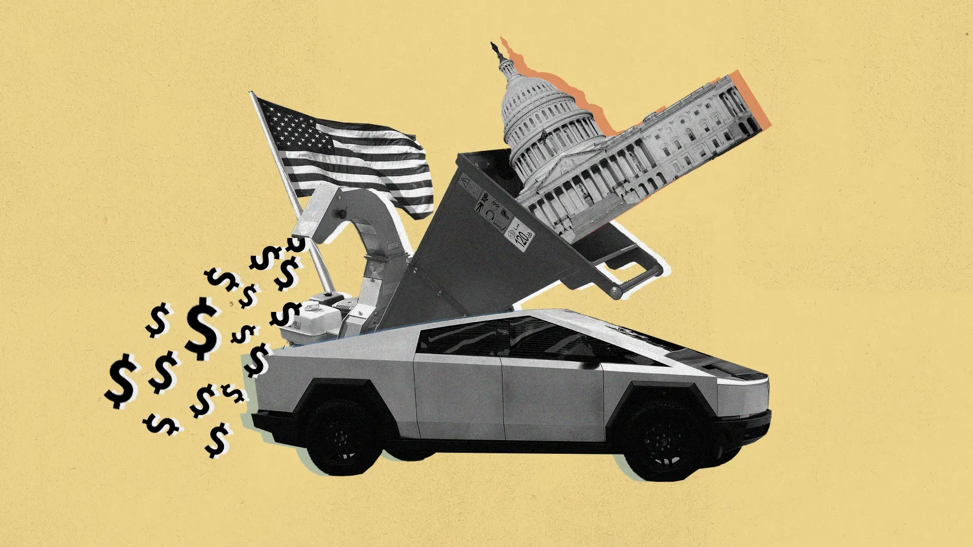 صورة توضح شاحنة كهربائية تحمل علم الولايات المتحدة، مع رموز الدولار ومباني حكومية، تعكس تأثير التكنولوجيا على السياسة والاقتصاد.