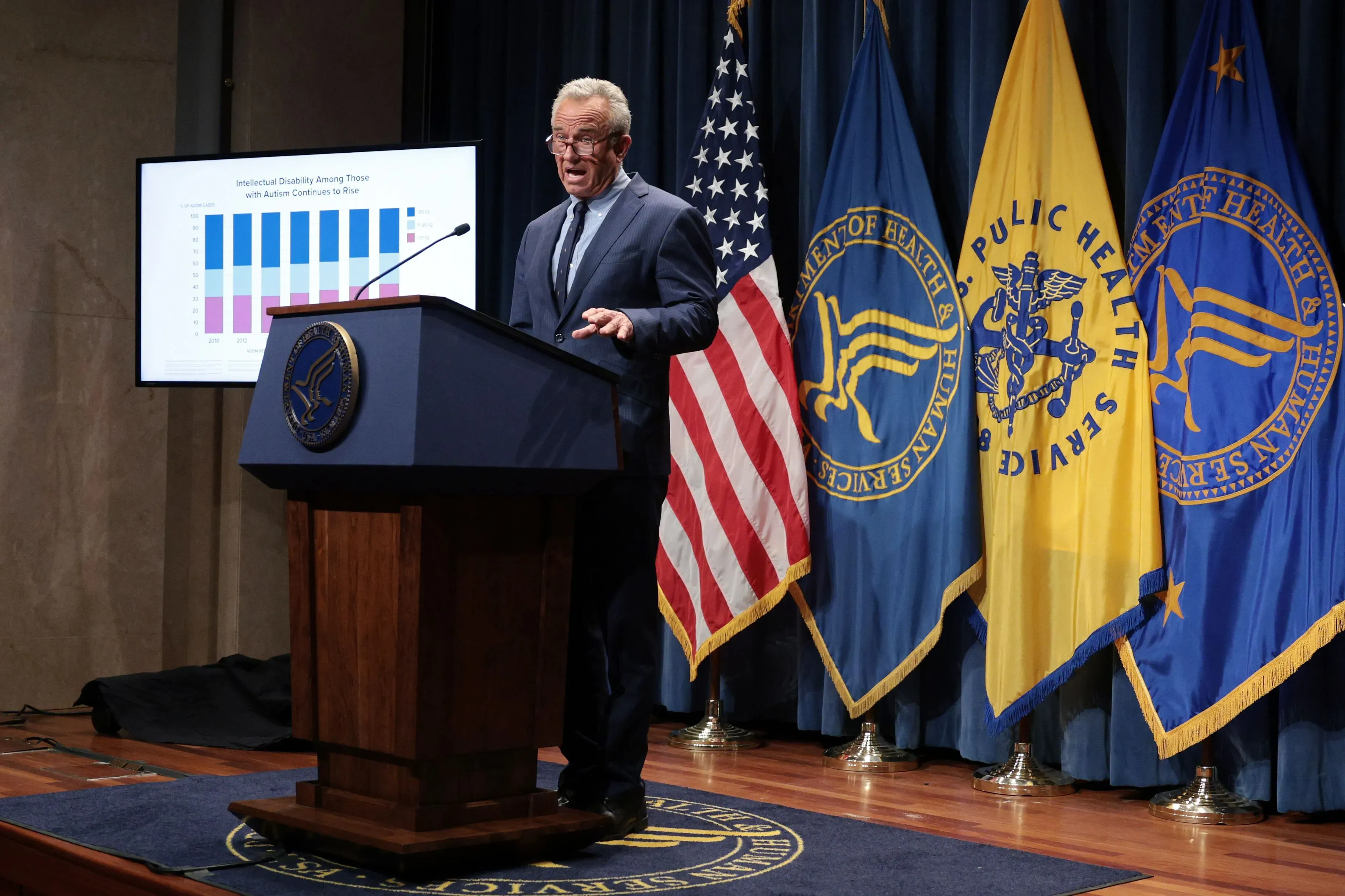 كينيدي يتحدث في مؤتمر صحفي، مع عرض بياني خلفه حول زيادة الإعاقات الفكرية بين المصابين بالتوحد، محاطًا بأعلام وزارة الصحة.