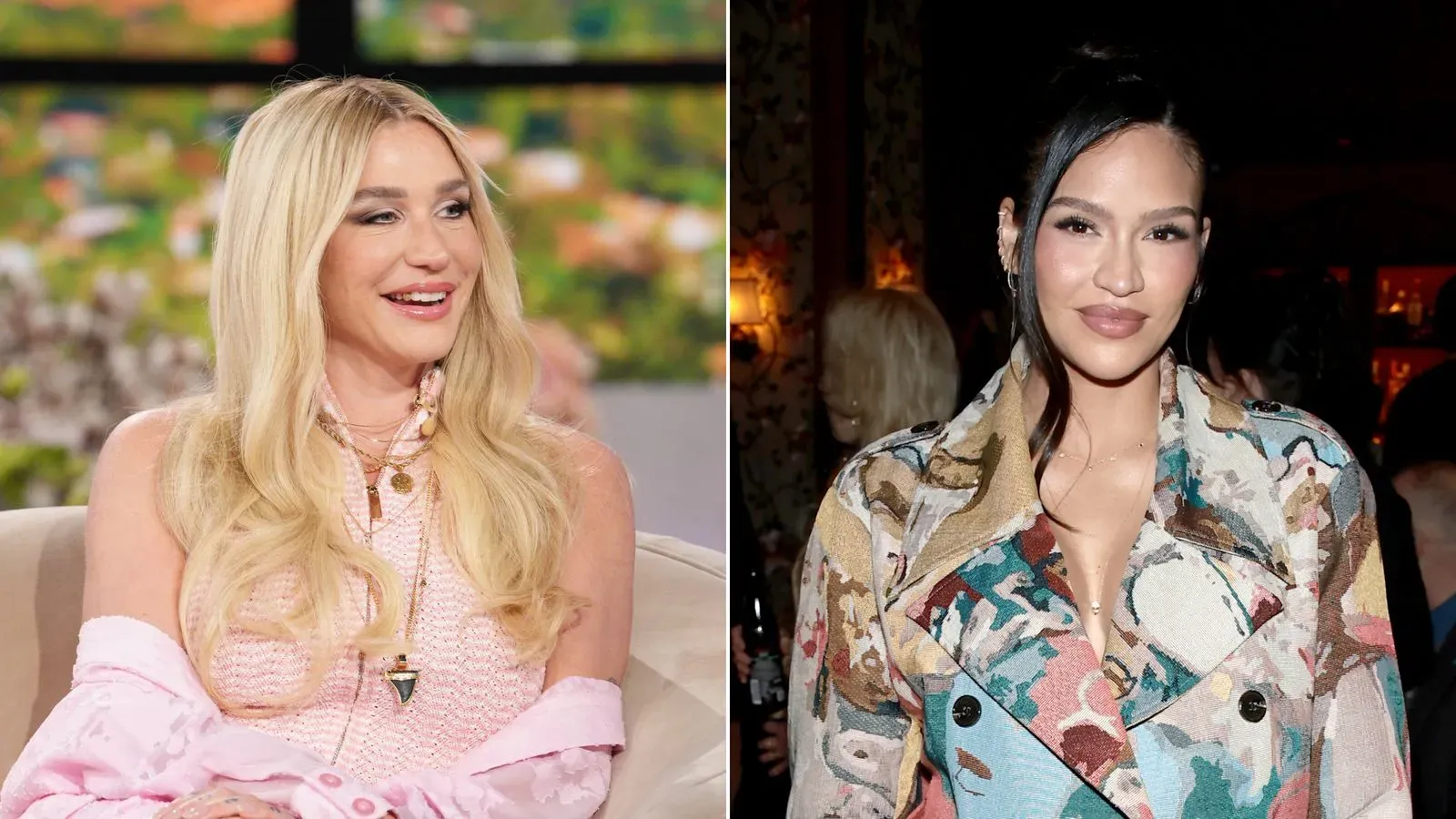 كيشا تظهر مبتسمة في برنامج حواري، بينما كاسي فينتورا ترتدي معطفًا ملونًا في حدث اجتماعي، تعبيرًا عن الدعم المتبادل بينهما.