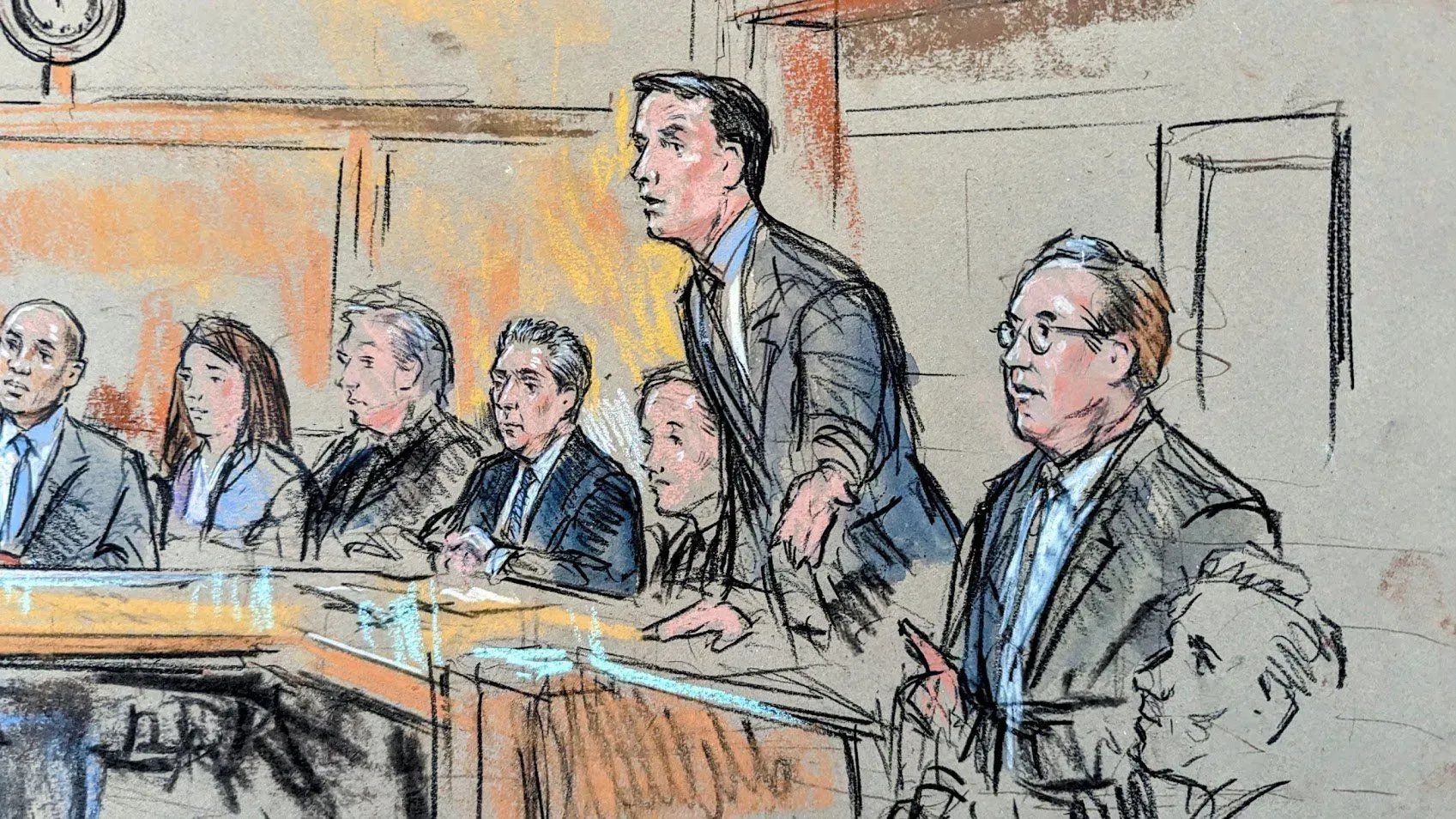 رسم توضيحي لجلسة استماع قانونية، يظهر المدعي العام جاي برات يتحدث أمام اللجنة القضائية، مع حضور محاميين وشهود آخرين.