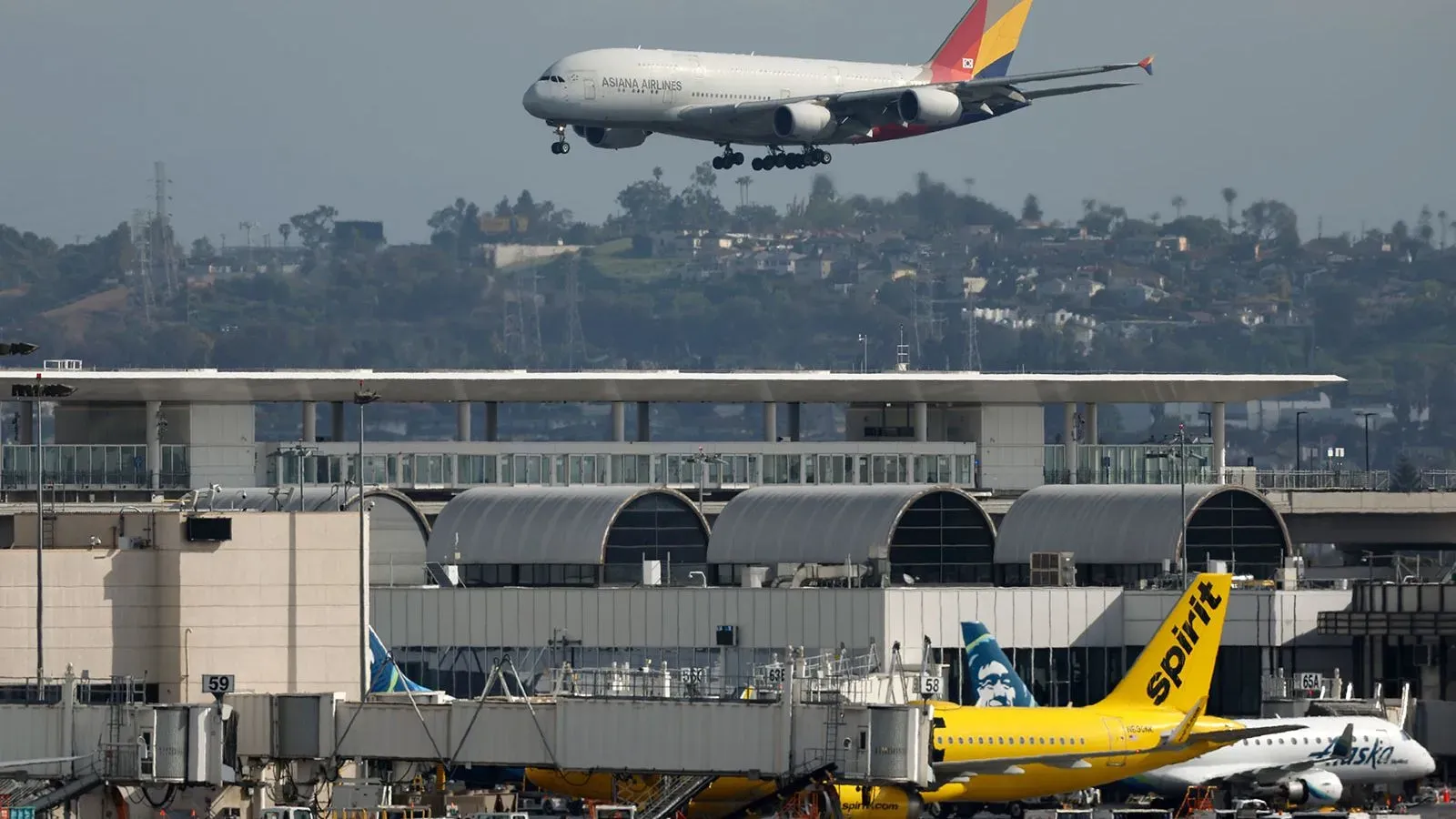 طائرة تابعة لشركة الخطوط الجوية الآسيوية تحلق فوق مطار مزدحم، مع ظهور مدرجات ومحطات طائرات أخرى في الخلفية، تعكس أهمية تحديث نظام NOTAM.