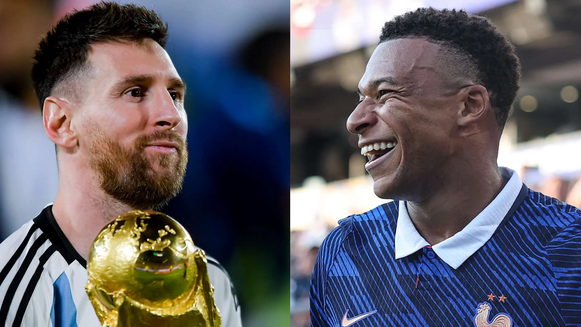 ليونيل ميسي يحمل كأس العالم مبتسمًا، وكليان مبابي يرتدي زي فرنسا ويضحك، يعكسان تنافس الكرة الذهبية 2025.