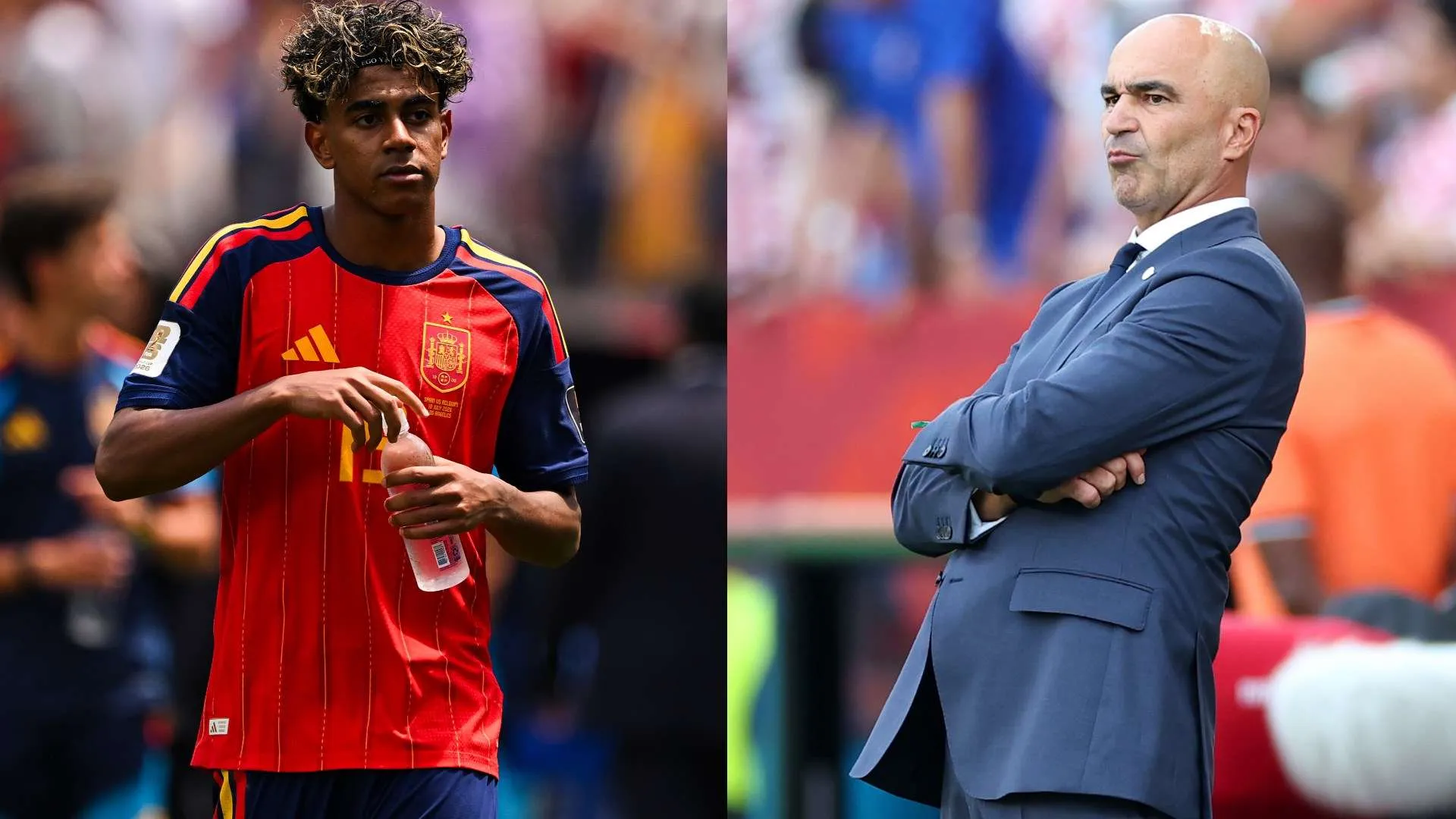 لاعب منتخب إسبانيا لامين يامال بالقميص الأحمر رقم 19 ومدرب المنتخب لويس دي لا فوينتي خلال استعدادات نصف نهائي كأس العالم ضد فرنسا.