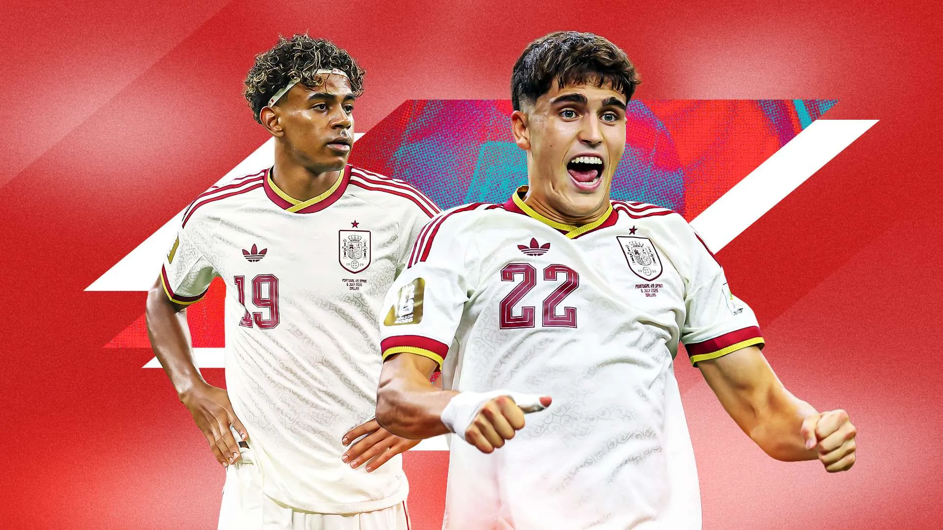 لاعبا كرة القدم الإسبانيان باو كوبارسي ولامين يامال يرتديان زي المنتخب الوطني في كأس العالم 2026، مع التركيز على دور كوبارسي الدفاعي الحيوي.