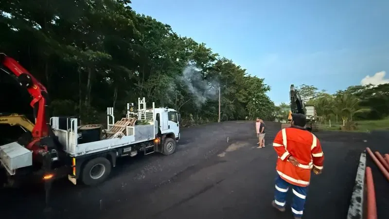 عمال يقومون بإصلاح خطوط الكهرباء في ساموا، مع شاحنة ومعدات في موقع العمل، وسط غابات كثيفة، في ظل أزمة انقطاع التيار الكهربائي.