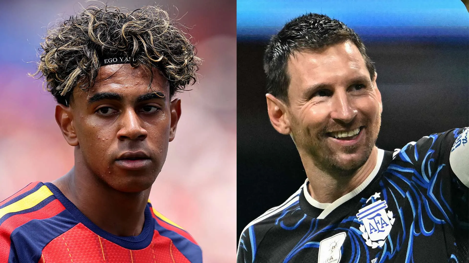 لاعب برشلونة الشاب لامين يمال بتركيز، والأسطورة ليونيل ميسي مبتسمًا بقميص الأرجنتين قبل نهائي كأس العالم.