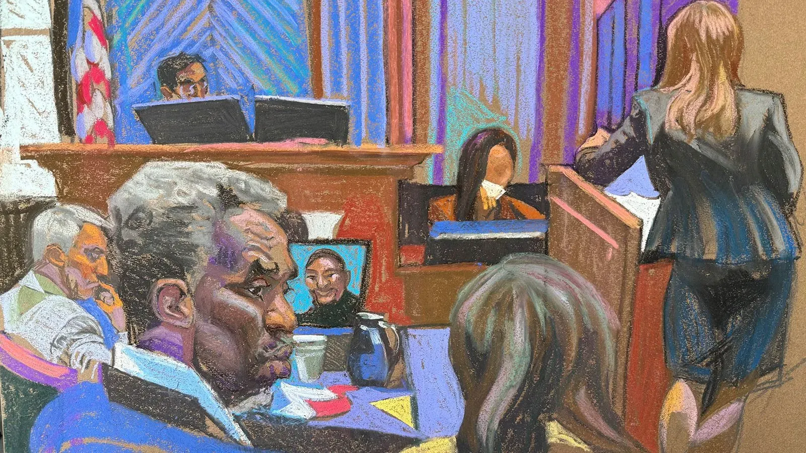 جلسة محكمة تتضمن هيئة المحلفين وشهادة الشاهدة "جين"، حيث يظهر شون "ديدي" كومبس في الخلفية. تسلط الصورة الضوء على أجواء المحاكمة المتعلقة بالاتجار بالجنس.