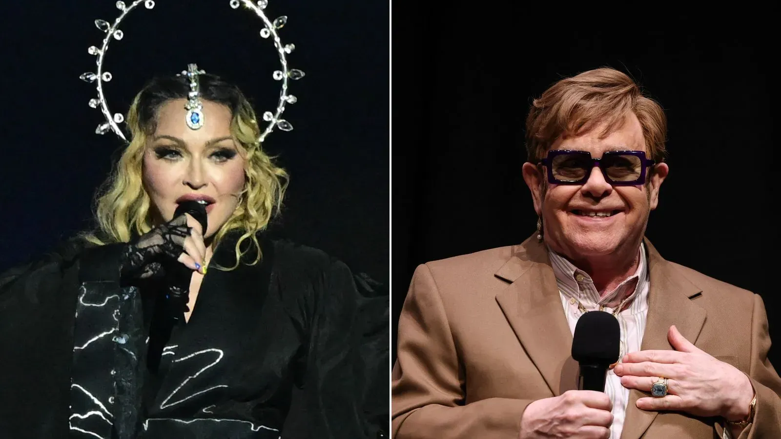 مادونا تؤدي على المسرح مع إطلالة مميزة، بينما يظهر إلتون جون مبتسمًا في حدث آخر، مما يعكس المصالحة بينهما بعد سنوات من الخلاف.