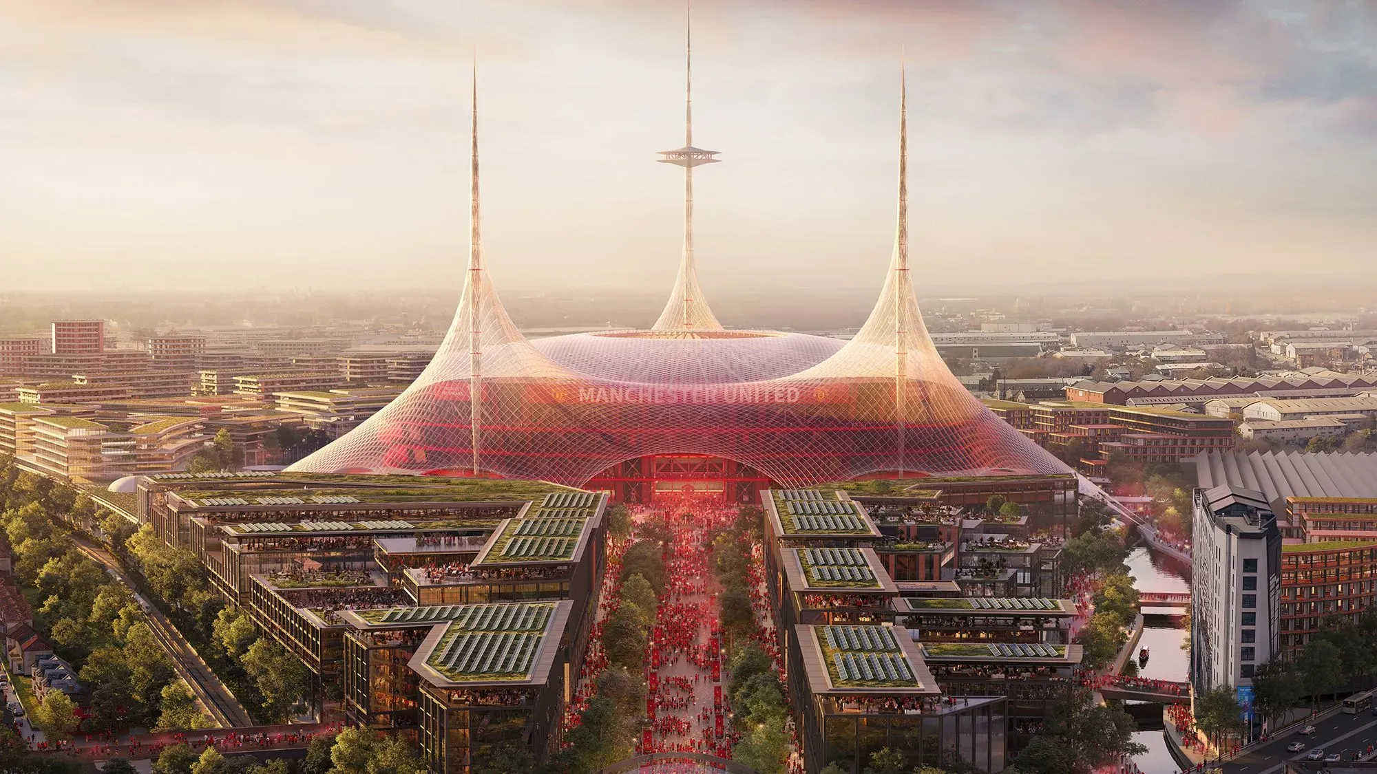 تصميم ملعب مانشستر يونايتد الجديد، الذي يتسع لـ 100,000 مقعد، يظهر المعمار الحديث مع التركيز على تجربة المشجعين.