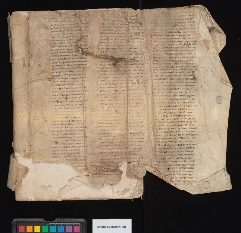 صفحات قديمة من مخطوطة نادرة تعود للقرن الثالث عشر، تحتوي على نصوص تتعلق بميرلين والملك آرثر، تم اكتشافها في غلاف كتاب آخر.