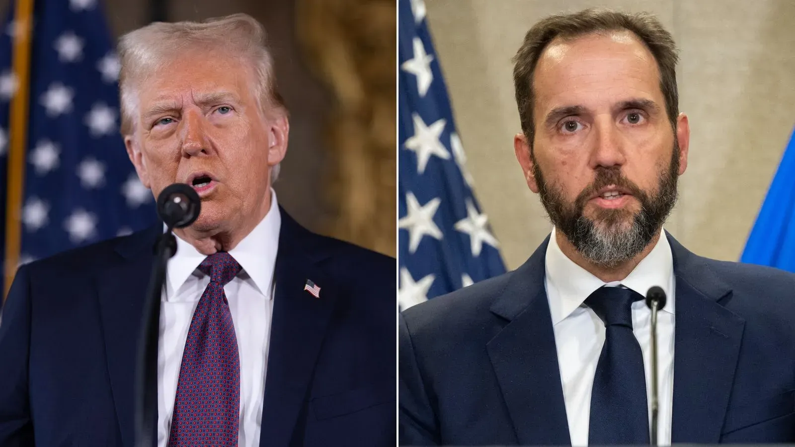 صورة مقسمة تظهر الرئيس السابق دونالد ترامب على اليسار والمدعي العام ميريك غارلاند على اليمين، مع خلفية تتضمن أعلام أمريكية.