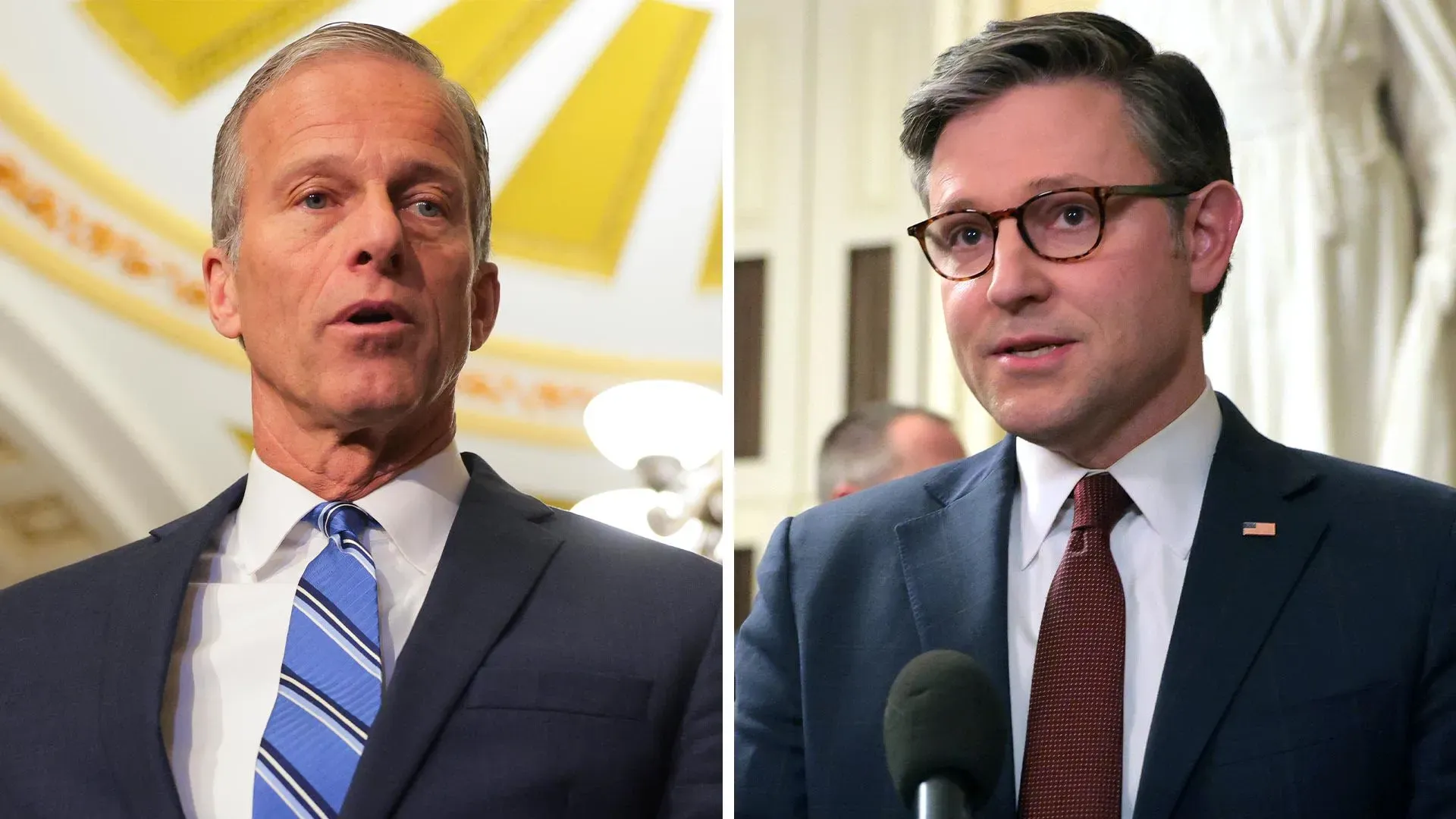 صورة تظهر اثنين من الجمهوريين في مجلس الشيوخ، جون ثون ومايك جونسون، يتحدثان في مبنى الكابيتول حول خطط تشريعية متنافسة.