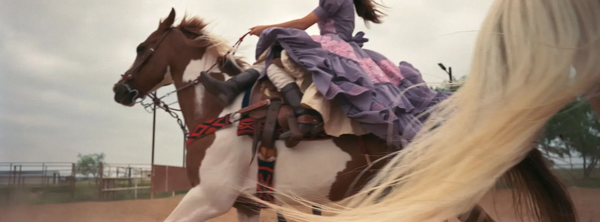 امرأة ترتدي فستانًا مزخرفًا وتركب على حصان، حيث تتدفق خصلات شعر الحصان في الهواء أثناء الأداء في رياضة الإسكاراموزا.
