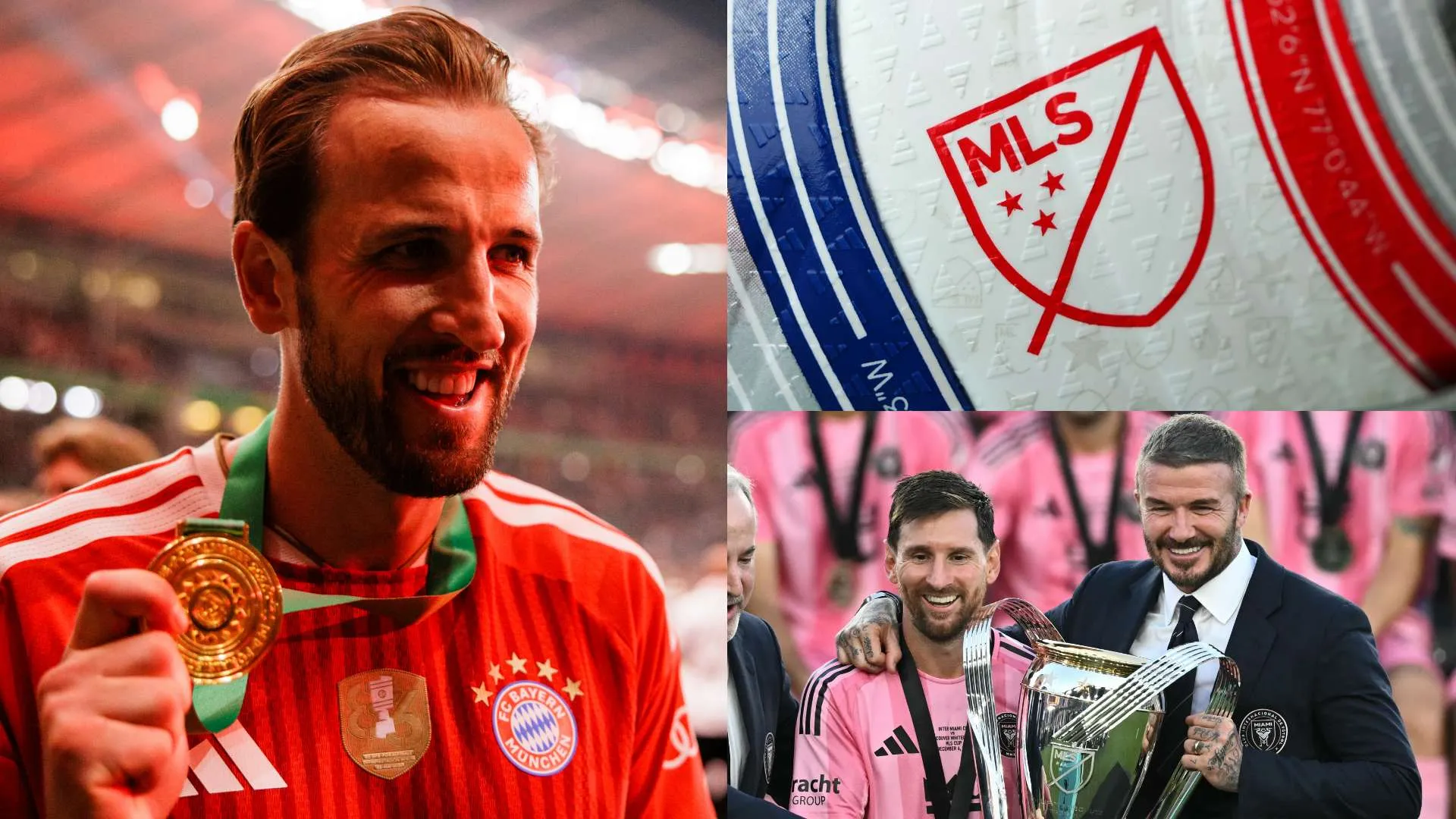 هاري كين يحتفل مع بايرن ميونخ، وشعار دوري MLS، وليونيل ميسي مع ديفيد بيكهام في مشهد يرمز لاحتمال انتقال كين إلى الدوري الأمريكي.