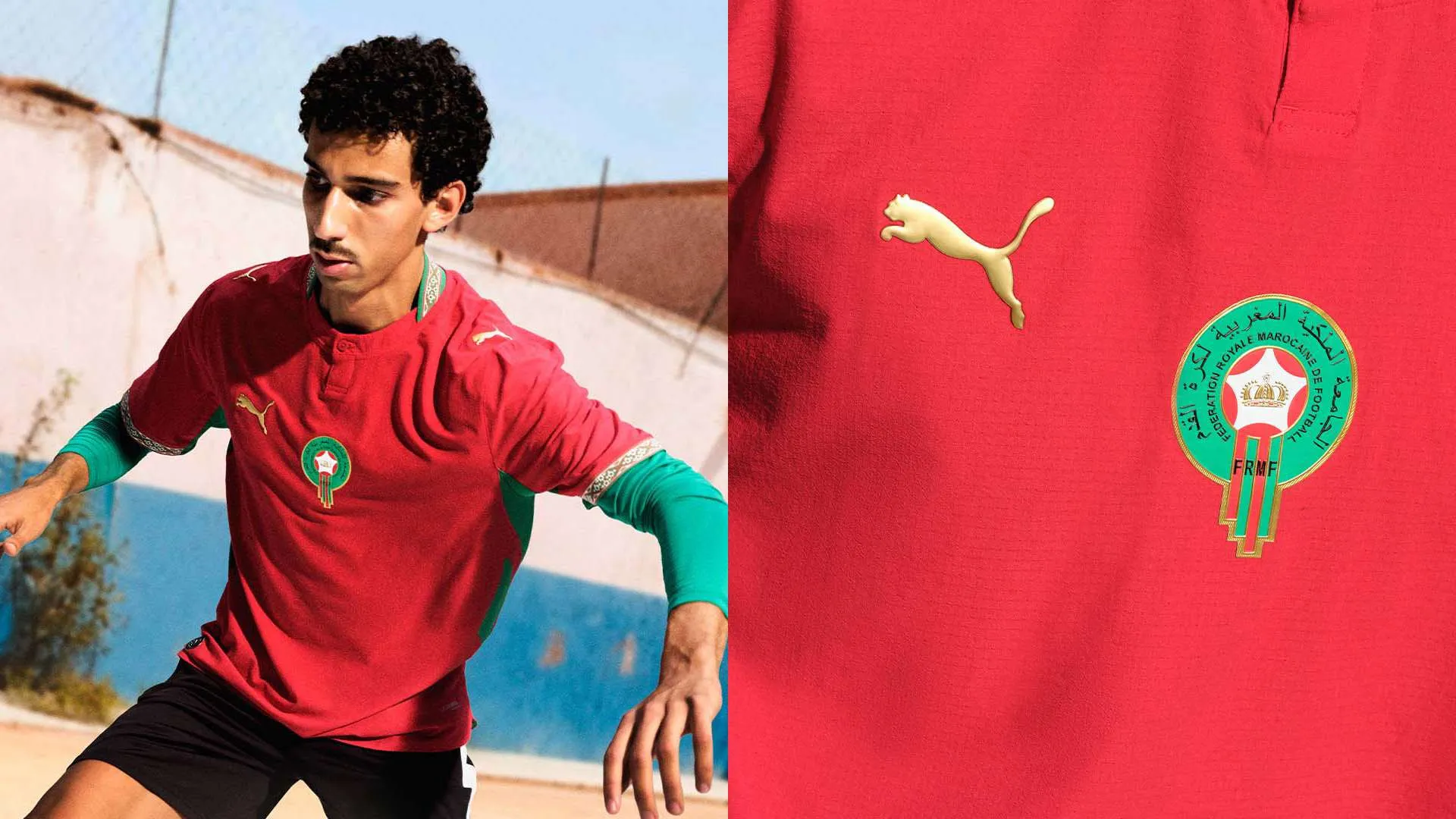 لاعب يرتدي قميص منتخب المغرب الأحمر بتصميم PUMA المميز مع شعار الاتحاد المغربي وتفاصيل مستوحاة من التراث المغربي.