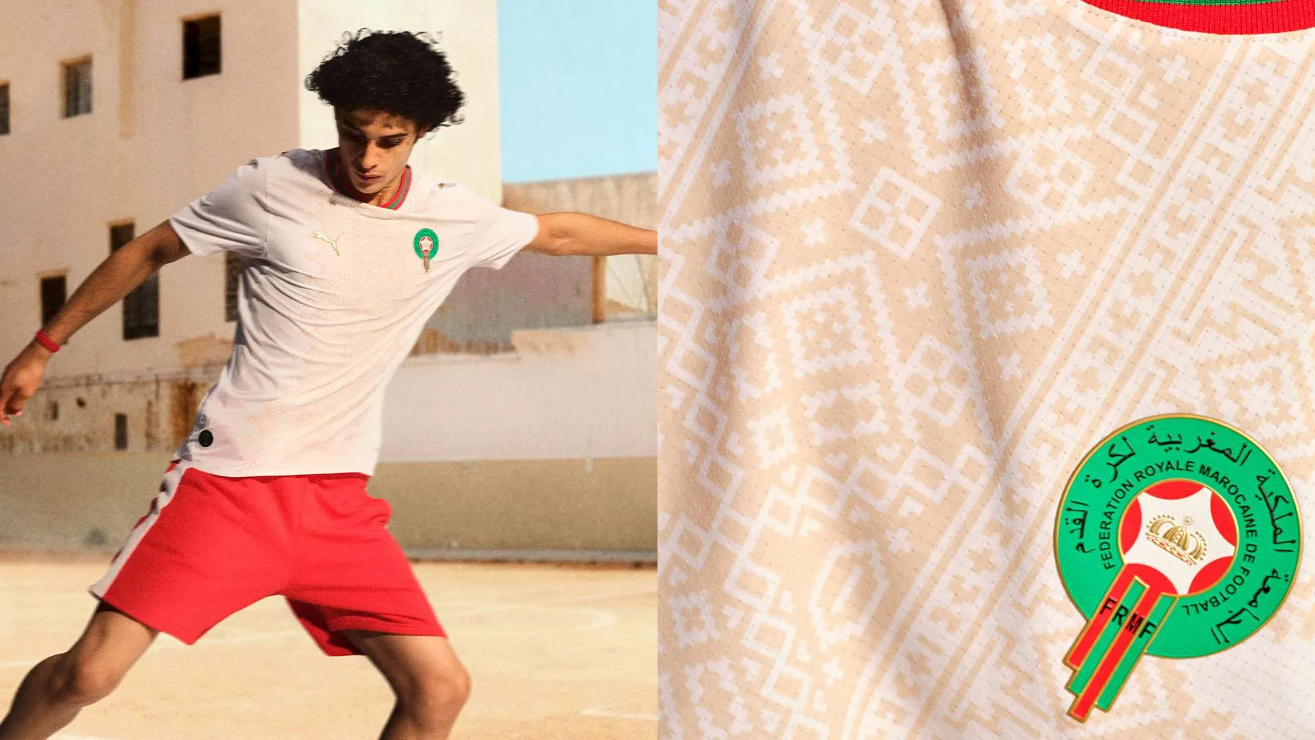 لاعب كرة قدم يرتدي الطقم الأبيض والأحمر لمنتخب المغرب مع تفاصيل تطريز أمازيغي تقليدي وشعار الاتحاد المغربي لكرة القدم.