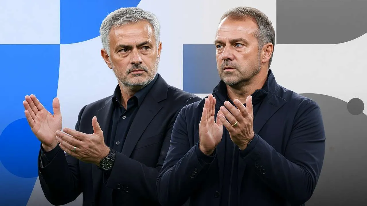 جوزيه مورينيو وهانسي فليك يصفقان خلال مباراة ريال مدريد وبرشلونة، مع التركيز على التكتيكات الدفاعية والهجومية في الدوري الإسباني.