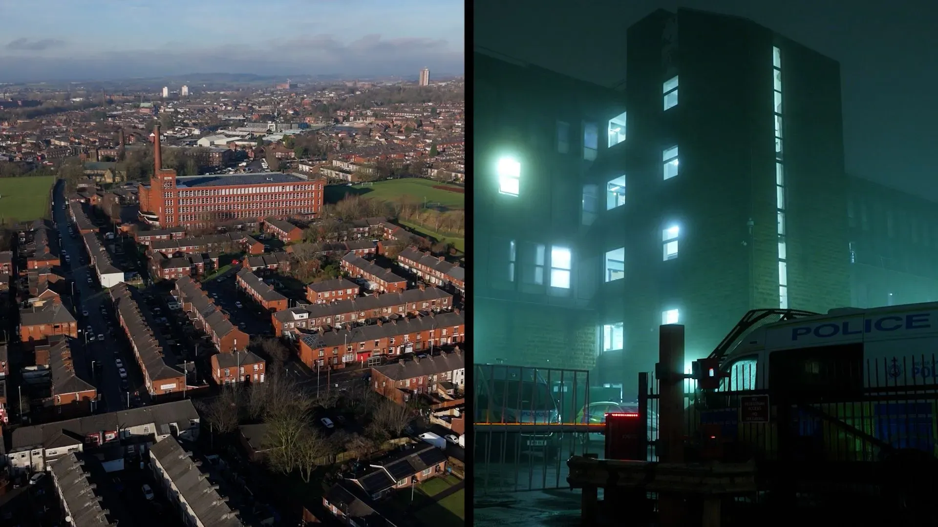 صورة توضح مشهدًا جويًا لبلدة أولدهام في شمال إنجلترا، مع مبنى قديم ومنازل متجاورة، تعكس التوترات الاجتماعية الحالية والماضي المؤلم.