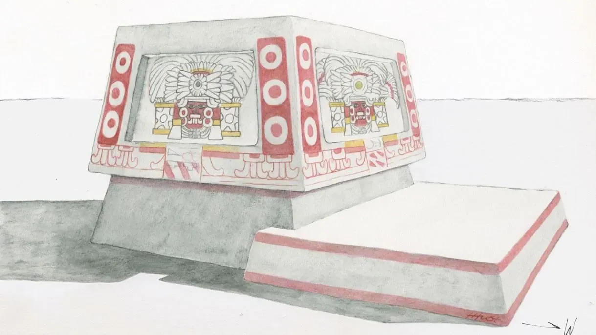 مذبح مزخرف يعود لعصر المايا، يظهر زخارف ملونة وجثتين مدفونتين تحته، يسلط الضوء على تأثير تيوتيهواكان في تيكال.