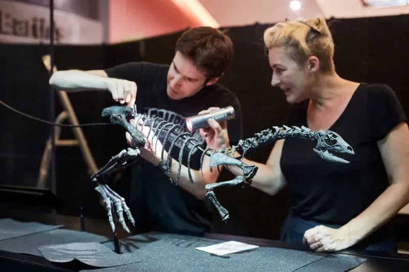 يظهر في الصورة باحثان يعملان على هيكل عظمي لديناصور جديد بحجم كلب، مع التركيز على تفاصيل العظام.