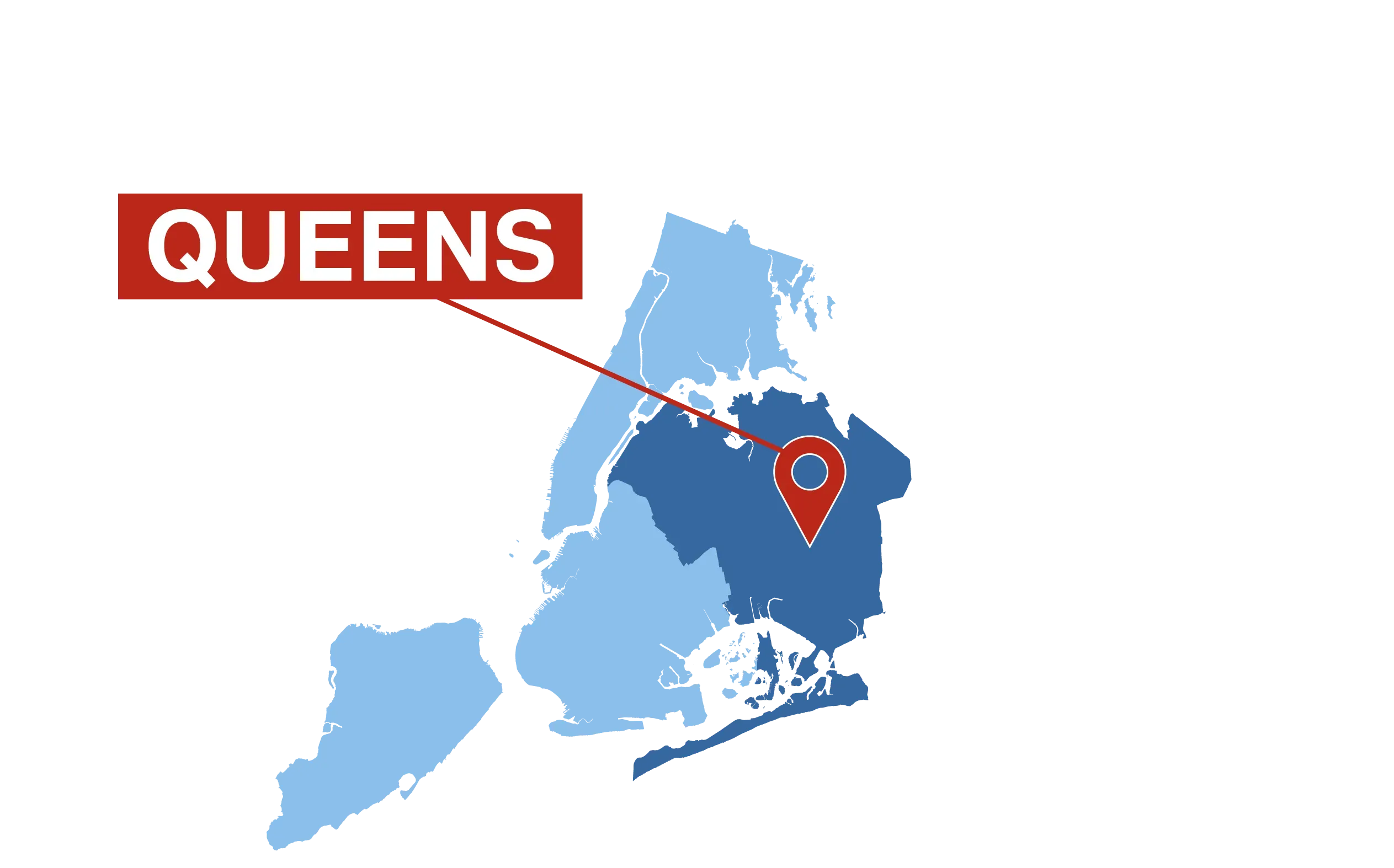 خريطة توضح موقع كوينز في مدينة نيويورك، مع إبراز المنطقة بشكل واضح، مما يعكس تنوع المدينة وأهميتها السياسية.