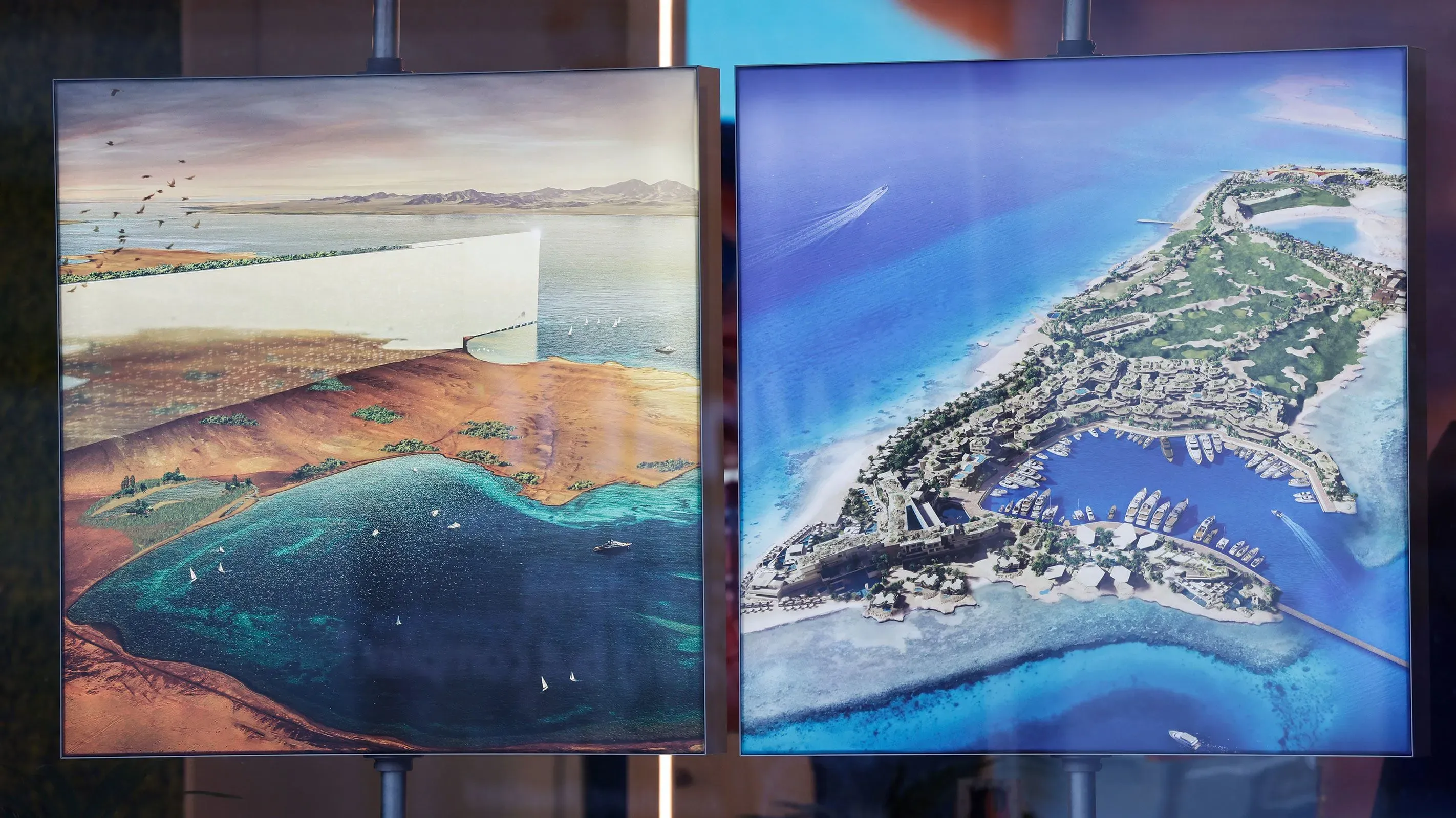 تصميم لمشروع مدينة "نيوم" المستقبلية في السعودية، يظهر البحر والجبال مع مرافق سياحية ومناطق سكنية.