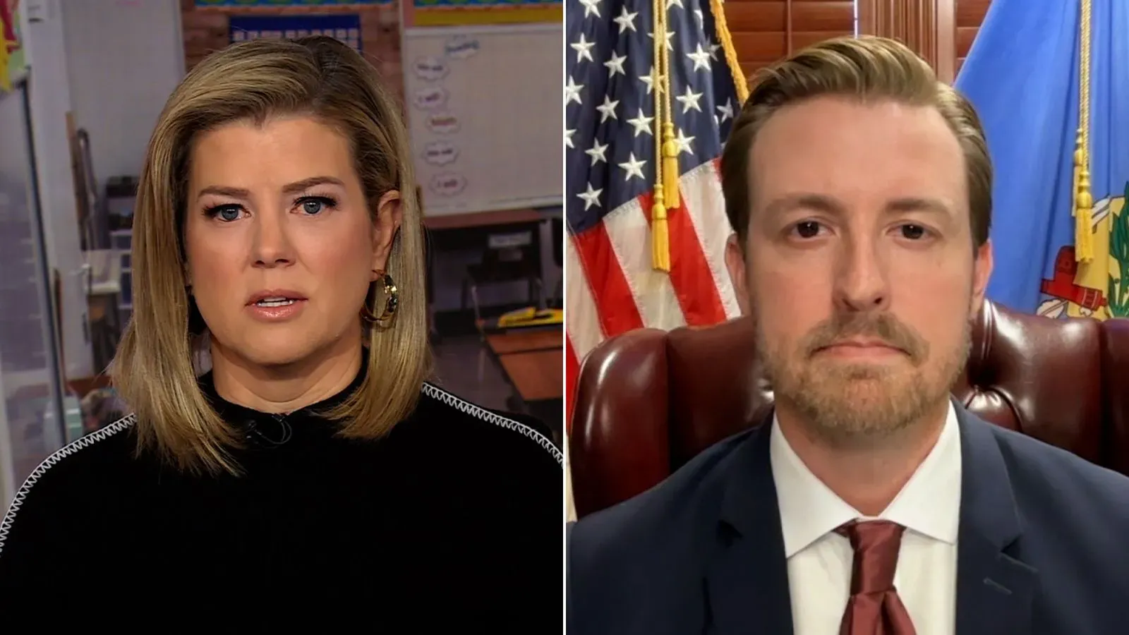 مقابلة تلفزيونية تظهر مذيعة وصورة لحاكم أوكلاهوما كيفن ستيت، حيث يناقشان قضايا التعليم والهجرة في الولاية.