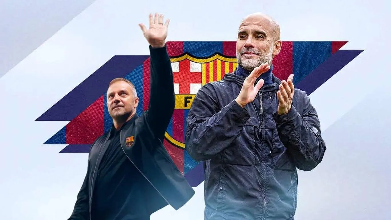 هانسي فليك مدرب برشلونة يلوح ويصفق أمام شعار النادي، مع خلفية تعكس نجاح الفريق في الدوري الإسباني.
